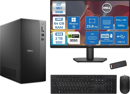 Dell Tower ECT1250 Intel® Core™ İ7-14700 64GB Ddr5 2tb SSD 6GB/RTX3050 WIN11PRO +23.8" Monitör Tower Masaüstü Bilgisayar 24RPLSR00723P24+ZETTAUSBBELLEK