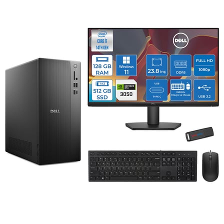 Dell Tower ECT1250 Intel® Core™ İ7-14700 128GB Ddr5 512GB SSD 6GB/RTX3050 WIN11PRO +23.8" Monitör Tower Masaüstü Bilgisayar 24RPLSR00723P37+ZETTAUSBBELLEK