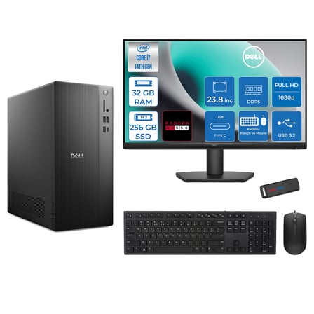 Dell Tower ECT1250 Intel® Core™ İ7-14700 32GB Ddr5 256GB SSD 4GB/RX550 Freedos +23.8" Monitör Tower Masaüstü Bilgisayar 24RPLSR00727F11+ZETTAUSBBELLEK