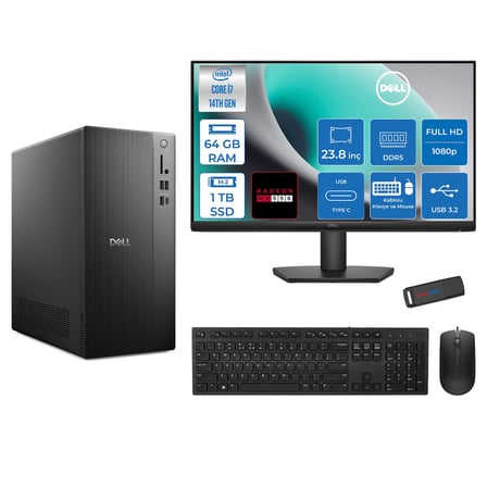Dell Tower ECT1250 Intel® Core™ İ7-14700 64GB Ddr5 1tb SSD 4GB/RX550 Freedos +23.8" Monitör Tower Masaüstü Bilgisayar 24RPLSR00727F23+ZETTAUSBBELLEK