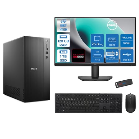 Dell Tower ECT1250 Intel® Core™ İ7-14700 128GB Ddr5 1tb SSD 4GB/RX550 Freedos +23.8" Monitör Tower Masaüstü Bilgisayar 24RPLSR00727F38+ZETTAUSBBELLEK