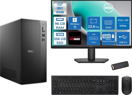 Dell Tower ECT1250 Intel® Core™ İ7-14700 96GB Ddr5 256GB SSD 4GB/RX550 WIN11HOME +23.8" Monitör Tower Masaüstü Bilgisayar 24RPLSR00727H31+ZETTAUSBBELLEK