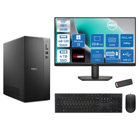 Dell Tower ECT1250 Intel® Core™ İ7-14700 48GB Ddr5 4tb SSD 4GB/RX550 WIN11PRO +23.8" Monitör Tower Masaüstü Bilgisayar 24RPLSR00727P20+ZETTAUSBBELLEK