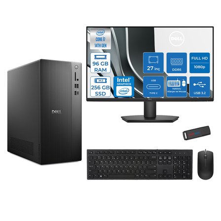 Dell Tower ECT1250 Intel® Core™ İ7-14700 96GB Ddr5 256GB SSD Intel® UHD Graphics 770 Freedos +27" Monitör Tower Masaüstü Bilgisayar 27RPLSR007F31+ZETTAUSBBELLEK