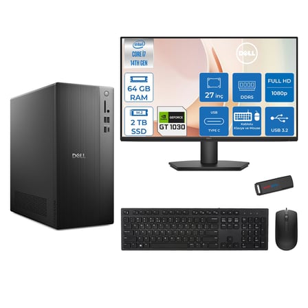 Dell Tower ECT1250 Intel® Core™ İ7-14700 64GB Ddr5 2tb SSD 4GB/GT1030  Freedos +27" Monitör Tower Masaüstü Bilgisayar 27RPLSR00721F24+ZETTAUSBBELLEK