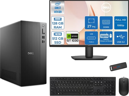 Dell Tower ECT1250 Intel® Core™ İ7-14700 128GB Ddr5 512GB SSD 4GB/GT1030  Freedos +27" Monitör Tower Masaüstü Bilgisayar 27RPLSR00721F37+ZETTAUSBBELLEK