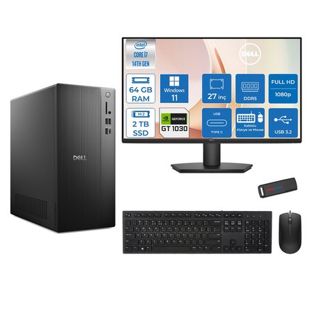 Dell Tower ECT1250 Intel® Core™ İ7-14700 64GB Ddr5 2tb SSD 4GB/GT1030  WIN11HOME +27" Monitör Tower Masaüstü Bilgisayar 27RPLSR00721H24+ZETTAUSBBELLEK