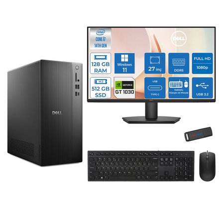 Dell Tower ECT1250 Intel® Core™ İ7-14700 128GB Ddr5 512GB SSD 4GB/GT1030  WIN11HOME +27" Monitör Tower Masaüstü Bilgisayar 27RPLSR00721H37+ZETTAUSBBELLEK