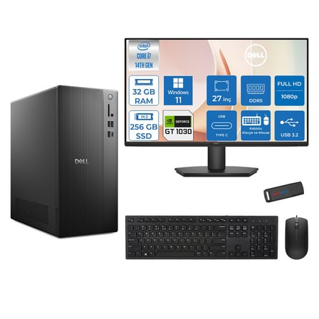 Dell Tower ECT1250 Intel® Core™ İ7-14700 32GB Ddr5 256GB SSD 4GB/GT1030  WIN11PRO +27" Monitör Tower Masaüstü Bilgisayar 27RPLSR00721P11+ZETTAUSBBELLEK