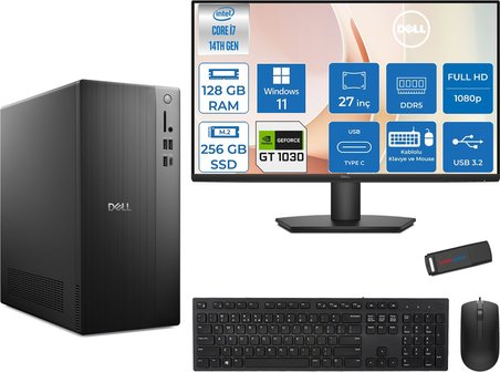 Dell Tower ECT1250 Intel® Core™ İ7-14700 128GB Ddr5 256GB SSD 4GB/GT1030  WIN11PRO +27" Monitör Tower Masaüstü Bilgisayar 27RPLSR00721P36+ZETTAUSBBELLEK
