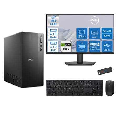 Dell Tower ECT1250 Intel® Core™ İ7-14700 32GB Ddr5 4tb SSD 6GB/RTX3050 Freedos +27" Monitör Tower Masaüstü Bilgisayar 27RPLSR00723F15+ZETTAUSBBELLEK
