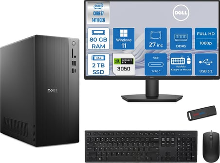 Dell Tower ECT1250 Intel® Core™ İ7-14700 80GB Ddr5 2tb SSD 6GB/RTX3050 WIN11HOME +27" Monitör Tower Masaüstü Bilgisayar 27RPLSR00723H29+ZETTAUSBBELLEK