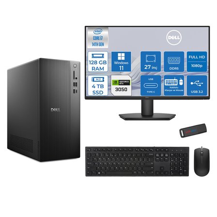 Dell Tower ECT1250 Intel® Core™ İ7-14700 128GB Ddr5 4tb SSD 6GB/RTX3050 WIN11PRO +27" Monitör Tower Masaüstü Bilgisayar 27RPLSR00723P40+ZETTAUSBBELLEK