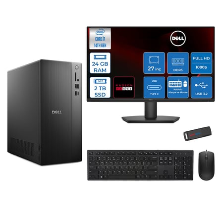 Dell Tower ECT1250 Intel® Core™ İ7-14700 24GB Ddr5 2tb SSD 4GB/RX550 Freedos +27" Monitör Tower Masaüstü Bilgisayar 27RPLSR00727F09+ZETTAUSBBELLEK