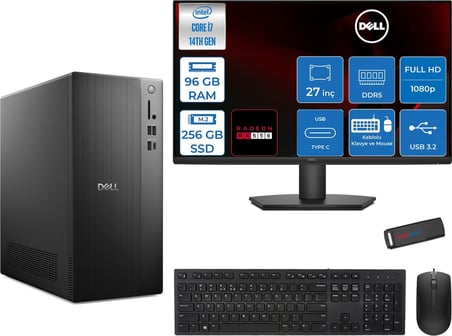 Dell Tower ECT1250 Intel® Core™ İ7-14700 96GB Ddr5 256GB SSD 4GB/RX550 Freedos +27" Monitör Tower Masaüstü Bilgisayar 27RPLSR00727F31+ZETTAUSBBELLEK