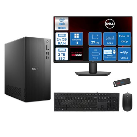 Dell Tower ECT1250 Intel® Core™ İ7-14700 24GB Ddr5 2tb SSD 4GB/RX550 WIN11PRO +27" Monitör Tower Masaüstü Bilgisayar 27RPLSR00727P09+ZETTAUSBBELLEK