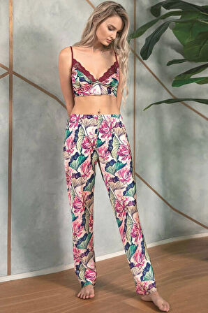 Floral Desenli Bralet Sütyenli Saten Pijama Sabahlık Takımı 5627