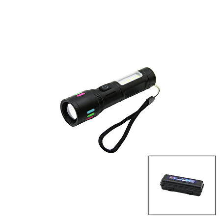 METAL GÖVDE 2IN1=ZOOM - RGB 9 LED EL FENERİ USB ŞARJLI MİNİ PLS.KUTULU (4172)