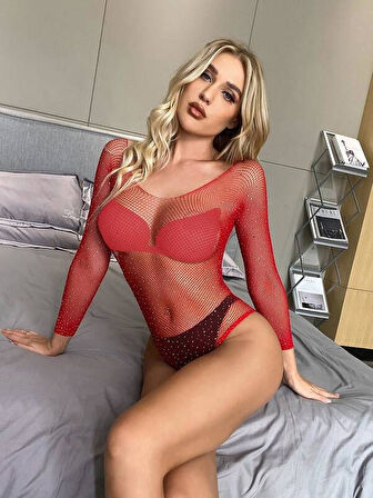 Kırmızı Parıltılı Uzun Kollu File Bodysuit