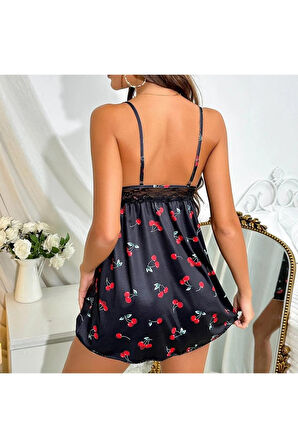 Beruflic Siyah Kiraz Desenli Mini Gecelik 15765