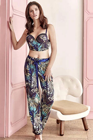 Lacivert Floral Desenli Büstiyerli Pijama Takımı 4152