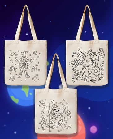 Stonehill Uzay Temalı Boyama Çantası 5'li Set - 20x30 cm Bez Boyama Çantası - Çocuklar İçin Boyanabilir Aktivite Çantası - Keçeli Kalem ve Kumaş Boyasına Uygun