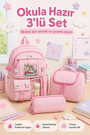 Okul Cantasi Kore Model 3’LU Ilkokul Canta Seti Sirt Cantasi + Beslenme Cantasi + Kalemlik Pembe GALB Leather