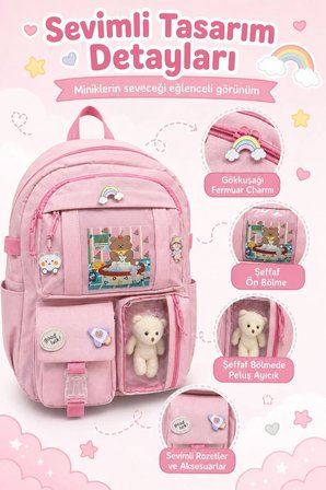 Okul Cantasi Kore Model 3’LU Ilkokul Canta Seti Sirt Cantasi + Beslenme Cantasi + Kalemlik Pembe GALB Leather