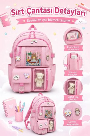 Okul Cantasi Kore Model 3’LU Ilkokul Canta Seti Sirt Cantasi + Beslenme Cantasi + Kalemlik Pembe GALB Leather