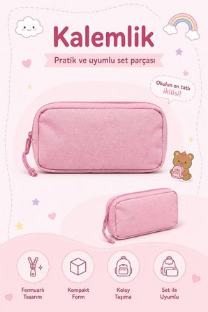 Okul Cantasi Kore Model 3’LU Ilkokul Canta Seti Sirt Cantasi + Beslenme Cantasi + Kalemlik Pembe GALB Leather
