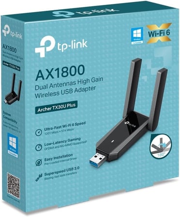 TP-Link Archer TX30U Plus WiFi 6 USB Adaptör AX1800 (1800 Mbps), Dual Band 5GHz/2.4GHz, USB 3.0, Çift Yüksek Kazançlı Anten, WPA3 Güvenlik, Windows 11/10 Uyumlu Kablosuz Adaptör