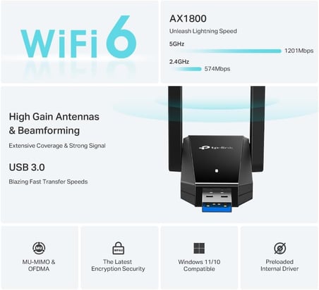 TP-Link Archer TX30U Plus WiFi 6 USB Adaptör AX1800 (1800 Mbps), Dual Band 5GHz/2.4GHz, USB 3.0, Çift Yüksek Kazançlı Anten, WPA3 Güvenlik, Windows 11/10 Uyumlu Kablosuz Adaptör