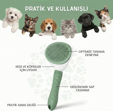 Kendini Temizleyen Kedi Köpek Tarağı - Basma Tuşu Mekanizmalı Otomatik Temizlenen Tüy Toplama Fırçası - Cilt Dostu Çelik İğne - Kaymaz Ergonomik Sap - Uzun Kısa Tüyler İçin - Yeşil