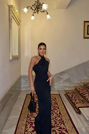 Siyah Gül Detay Bağlamalı Elbise ATE-0222