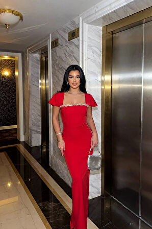 Kırmızı Taş Detay Uzun Elbise Ate-0841