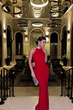 Kırmızı Noah Taş Detay Uzun Elbise ATE-0906