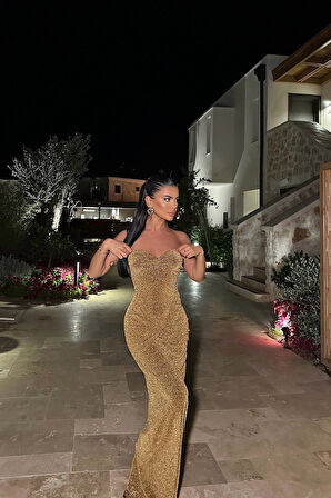 Dianora Gold Simli Uzun Elbise Ate-0988