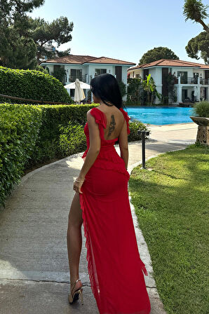 Kırmızı Astrid Yırtmaçlı Uzun Elbise ATE-1051