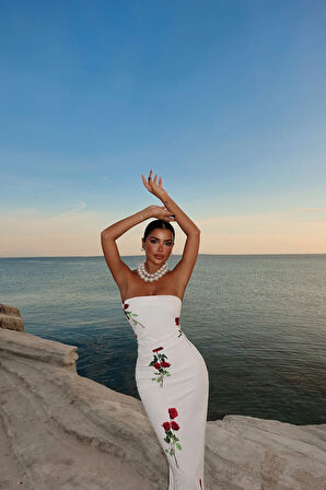 Beyaz Onella Gül Desen Elbise ATE-1637