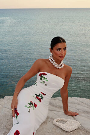 Beyaz Onella Gül Desen Elbise ATE-1637