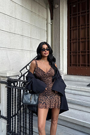 Kahverengi Zadie Leopar Desenli Mini Tül Elbise ATE-1750