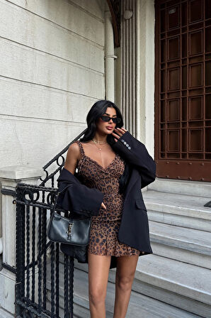 Kahverengi Zadie Leopar Desenli Mini Tül Elbise ATE-1750