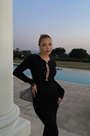 Siyah Önü Taş Detay Uzun Elbise ATE3273