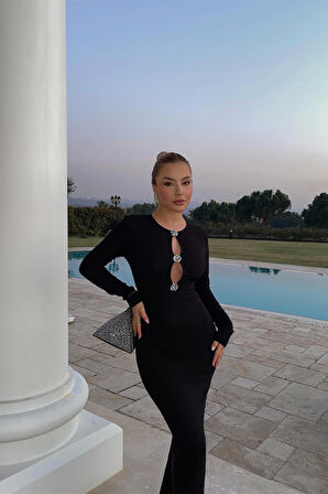 Siyah Önü Taş Detay Uzun Elbise ATE3273