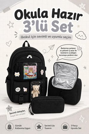 Okul Cantasi Kore Model 3’LU Ilkokul Canta Seti Sirt Cantasi + Beslenme Cantasi + Kalemlik Siyah GALB Leather