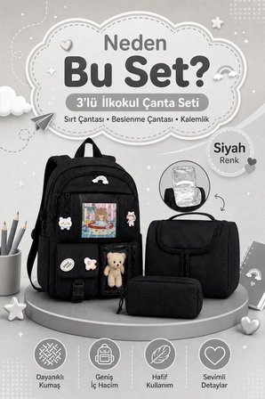 Okul Cantasi Kore Model 3’LU Ilkokul Canta Seti Sirt Cantasi + Beslenme Cantasi + Kalemlik Siyah GALB Leather