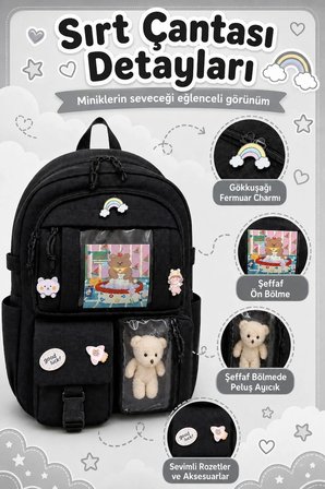 Okul Cantasi Kore Model 3’LU Ilkokul Canta Seti Sirt Cantasi + Beslenme Cantasi + Kalemlik Siyah GALB Leather
