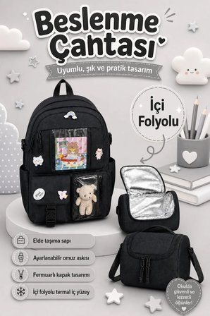 Okul Cantasi Kore Model 3’LU Ilkokul Canta Seti Sirt Cantasi + Beslenme Cantasi + Kalemlik Siyah GALB Leather