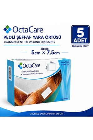 Octacare Su Geçirmez Pedli Şeffaf Pu Film Steril Yara Örtüsü Banyo Bandı 5cm×7,5cm (5 Adet)