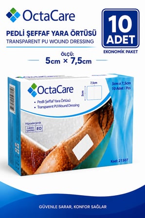 Octacare Su Geçirmez Pedli Şeffaf Pu Film Steril Yara Örtüsü Banyo Bandı 5cm×7,5cm (10 Adet)